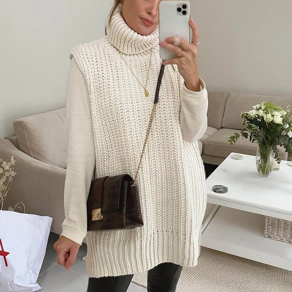 

2022 Korean Fashion Autumn New Women Solid Color Knitted Vest High Neck Sleeveless Casual Top Sweater Female Streetwear White