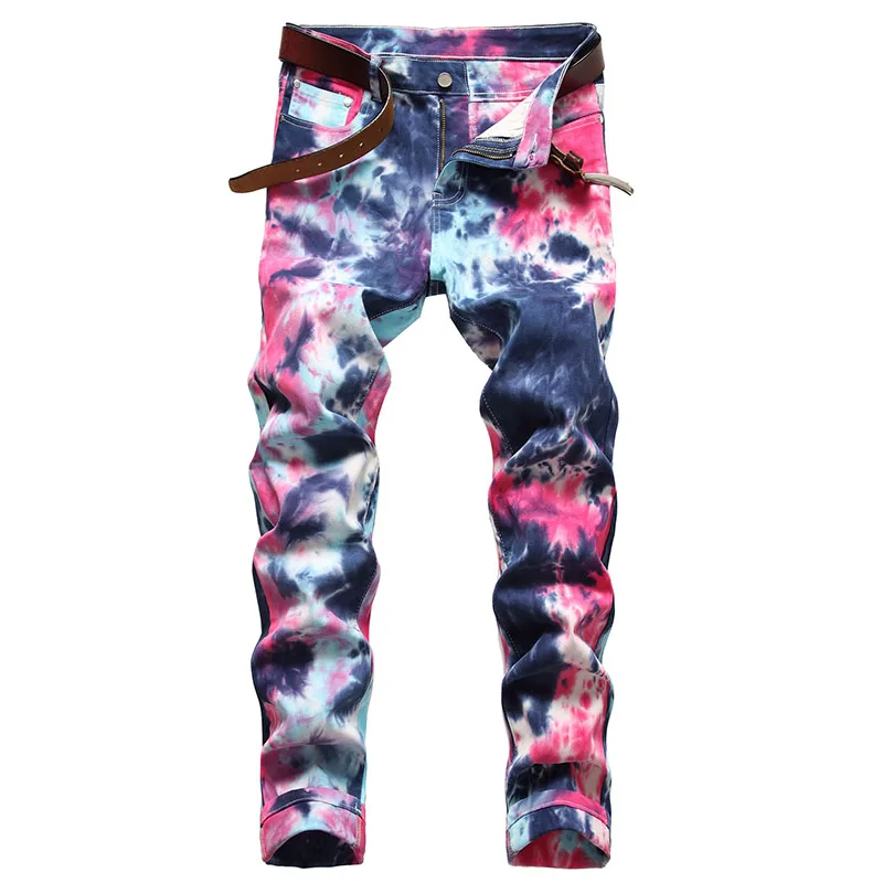 Men's High Quality Colour Tie-dyed Jeans Men Slim-fit No Ripped Wash Denim Pants Street Fashion Casual Straight Trousers