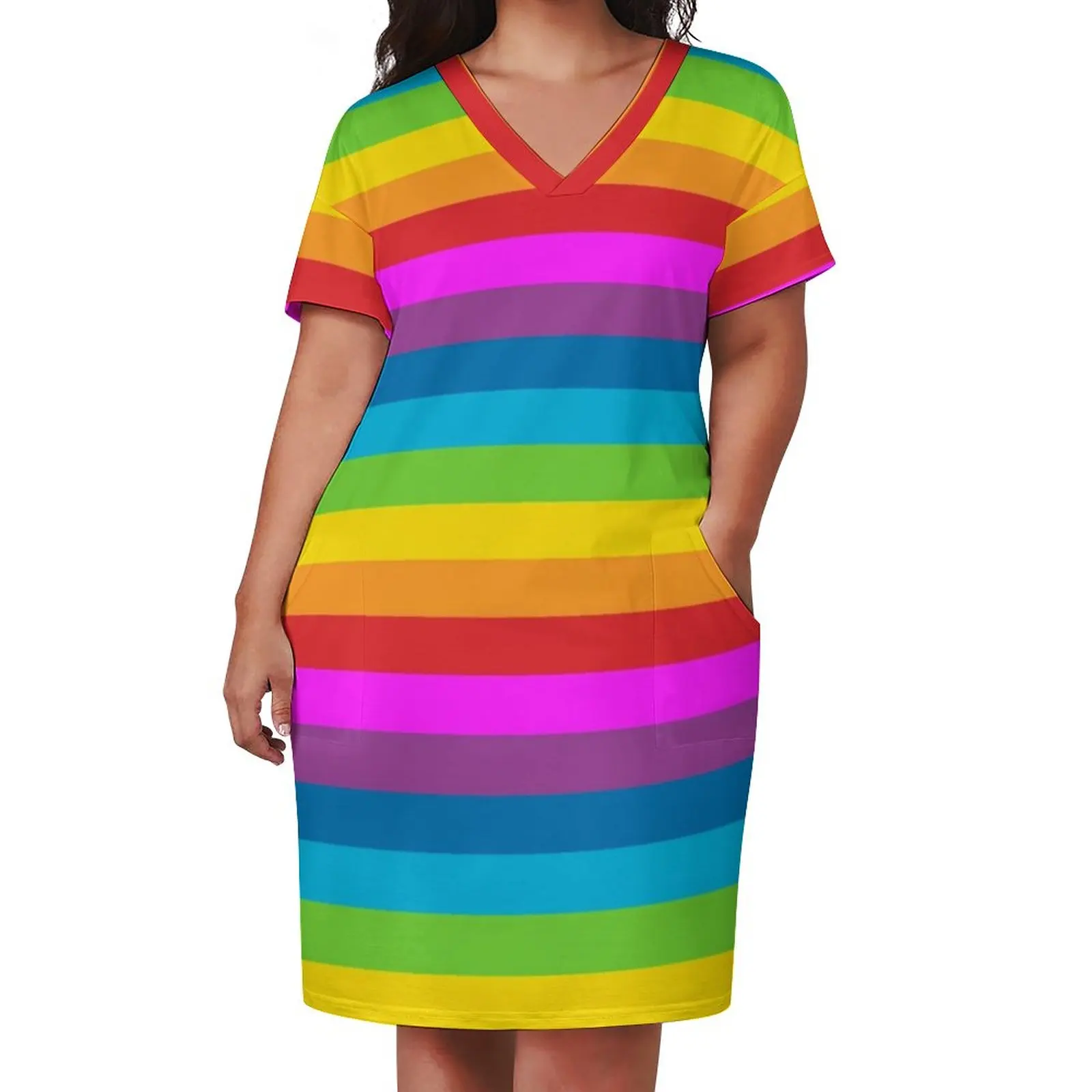 Striped Pattern Dress V Neck Rainbow Stripes Street Style Dresses Spring Kawaii Casual Dress Ladies Pattern Plus Size Clothes