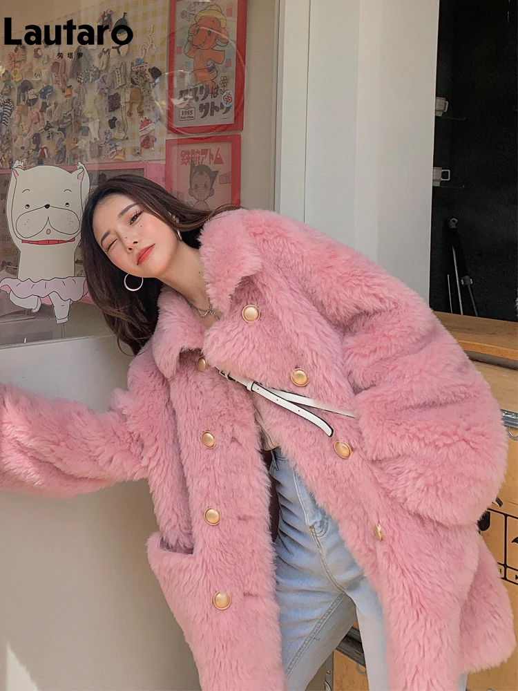 

Lautaro Winter Loose Stylish Thick Warm Soft Hairy Pink Faux Fur Coat Women Luxury Designer Clothes Runway Fluffy Jacket 2022
