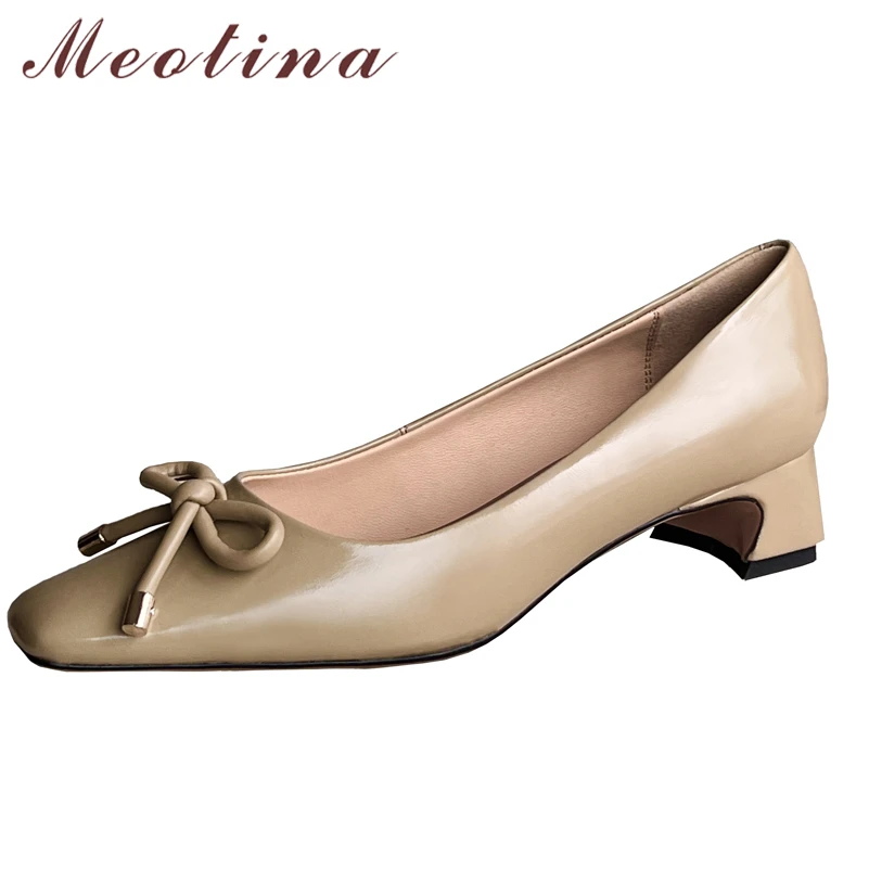 

Meotina Women Shoes Genuine Leather Mid Heels Square Toe Pumps Thick Heels Bow Ladies Footwear Spring Autumn Apricot SheepSkin