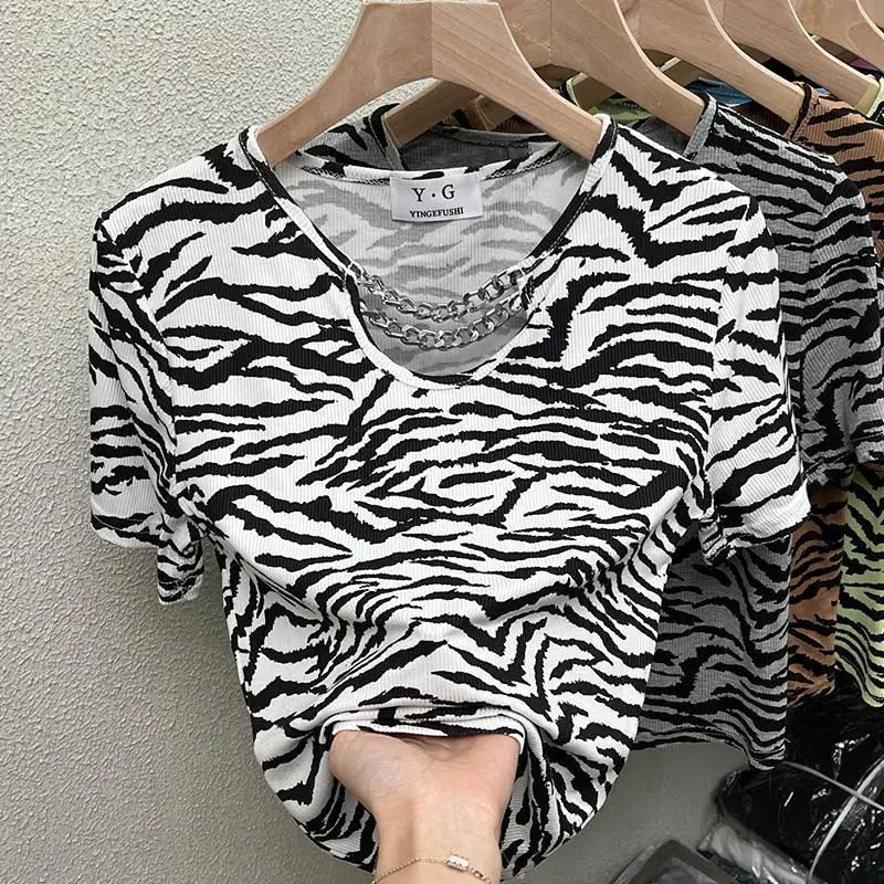 

Sexy Chain V-neck Zebra Print Short Sleeve T-shirt Women Harajuku Shirt
