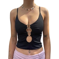 women close fitting camisole o ring decorative hoop solid color u shaped collar slim fit vest crop tops
