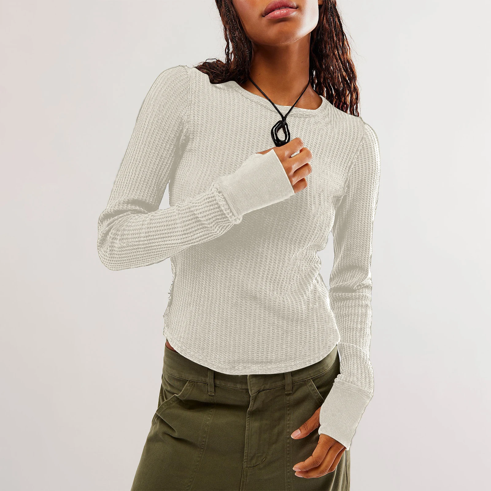 

Women's Solid Color Knit Basic Tops Long Sleeve Round Neck Raw Hem T-Shirts Blouses Fall Sweaters
