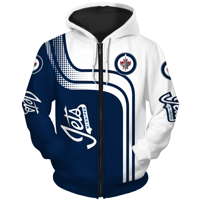 

Winnipeg Men's Fashion Long Sleeve 3D Jets Zip Hoodies Blue White Stitching Curve Spot Bomber Printing Sweatshirt Hoodie