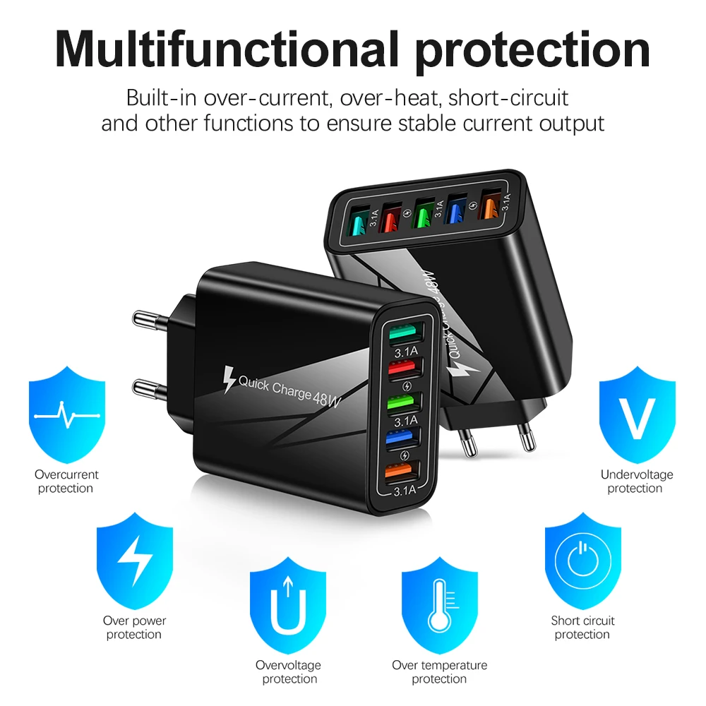 Olaf 5 портов USB зарядное устройство 48 Вт QC 3 0 Быстрая Зарядка адаптер для iPhone 13 12 Samsung