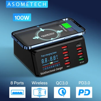 ASOMETECH 100W 8 Port USB Charger Staion With Wireless Charging,LED Digital Display,QC3.0 PD Quick Charger For iPhone 14 13 12 1