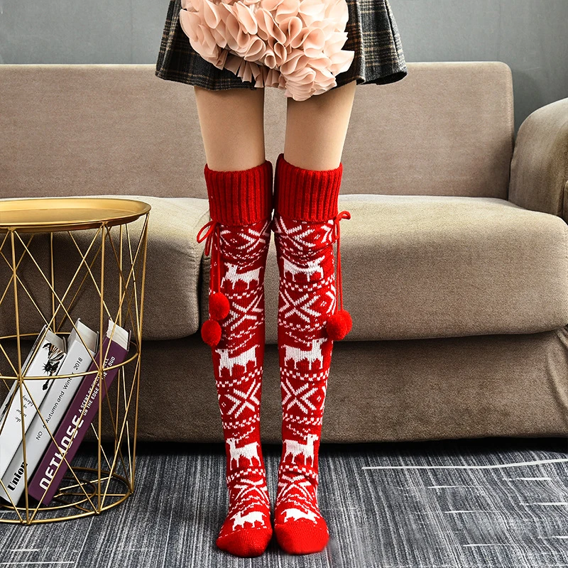 

Christmas Women Knitted Stockings Over-knee Pile Pile with Fur Ball Decoration Keep Warm Winter Clothing Accessory Stocking