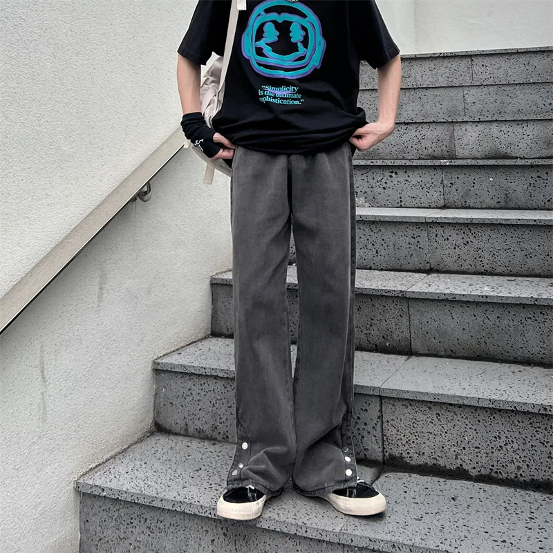 

High Street Ripped Jeans Men's and Women's Blue Design Buttoned Slit Straight Hip-Hop American Long Pants