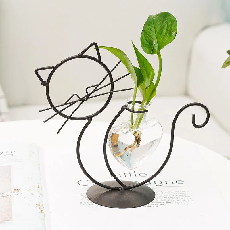 

Прозрачная ваза для домашнего декора, железная ваза для гидропонных систем, в форме кошки, металлический держатель для растений, милый цветочный горшок, 1 шт.