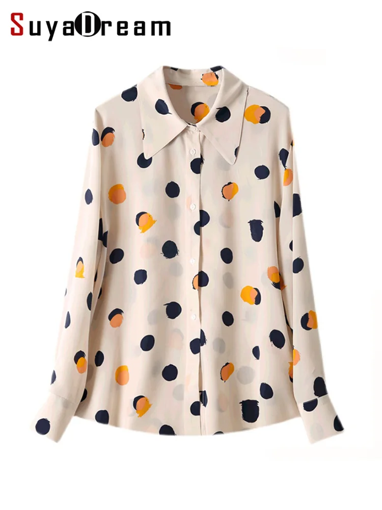 

SuyaDream Women Silk Shirts 100%Silk Crepe De Chine Dots Printed Chic Blouses 2022 Spring Summer Office Lady Clothes