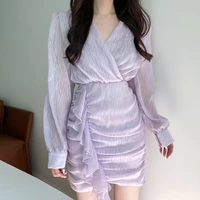 korean style chic elegant ruched mini dress for women spring summer casual streetwear long sleeve short dress lady sweet vestido