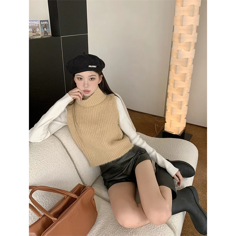 Винтажный укороченный свитер MEXZT жилет Женская водолазка без рукавов вязаные