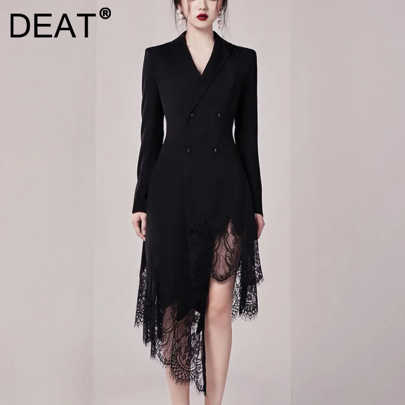 

DEAT 2023 new autumn notched double breasted lace pachtwork asymmetrical long jackets STYLES dress female fashion WM66501L