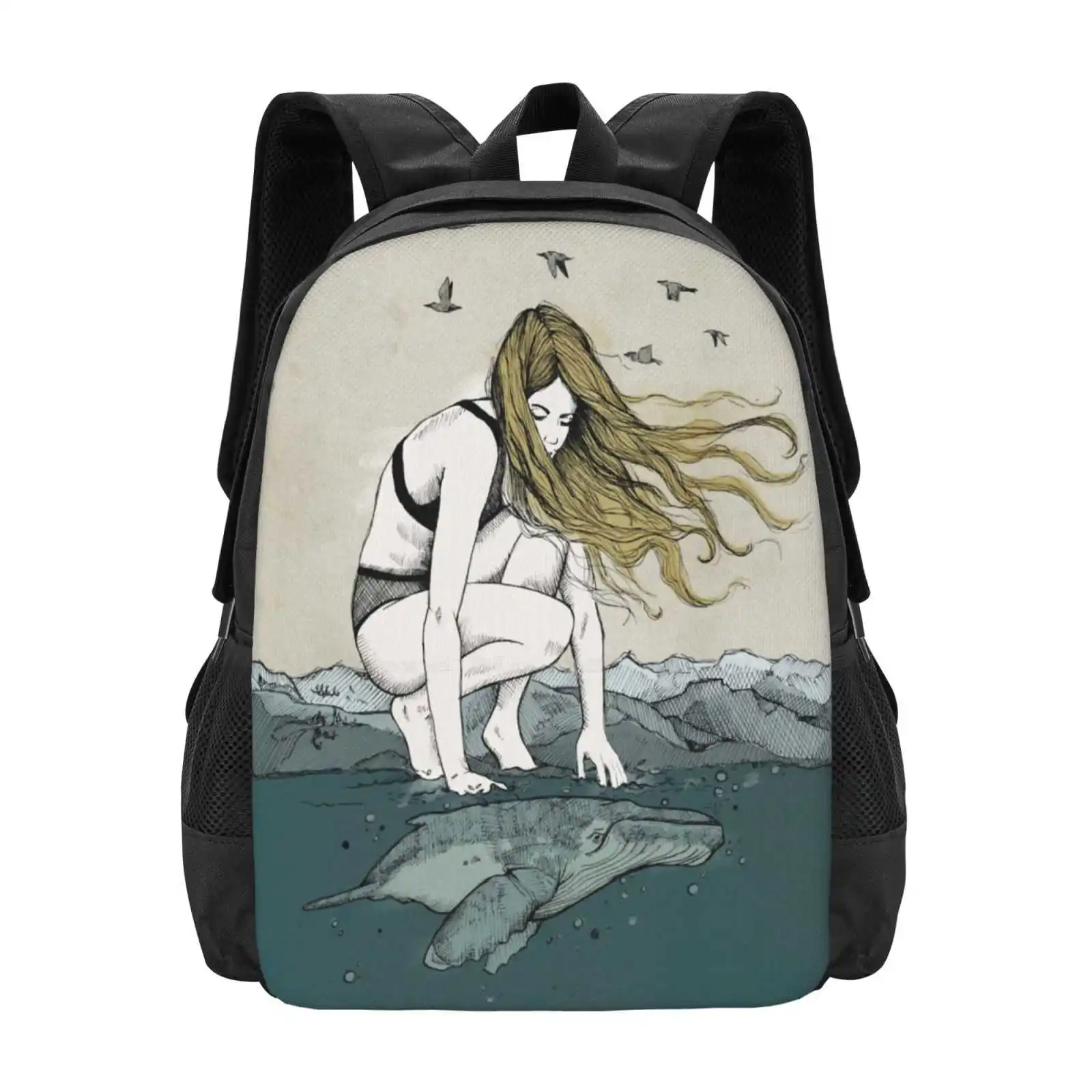The Big And The Small One Pattern Design Bag Student'S Backpack Woman Whale Wildlife Sea Ocean Animal Sweden Madebylen
