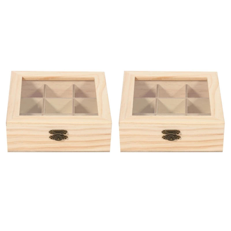

2X Wooden Tea Bag Jewelry Organizer Chest Storage Box 9 Compartments Tea Box Organizer Wood Sugar Packet Container