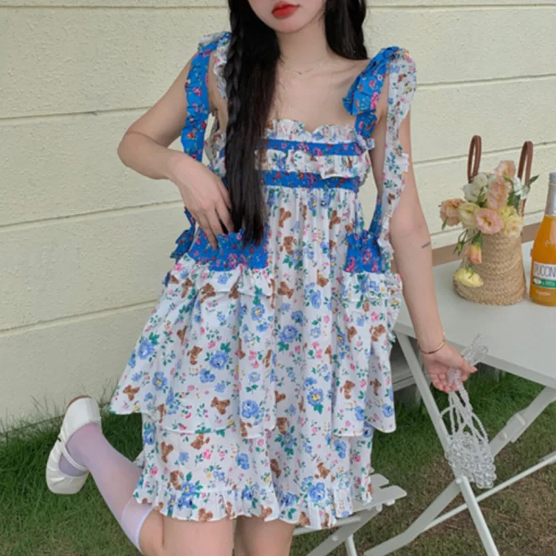 

Летнее милое мини-платье для девочек в Корейском стиле, женские вечерние пикантные платья без рукавов с оборками на бретелях, праздничное п...