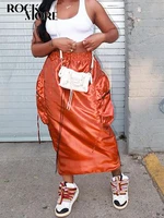 rockmore orange womens cargo skirt big pocket high rise straight skirts fashion ladies streetwear loose solid midi skirts 2022