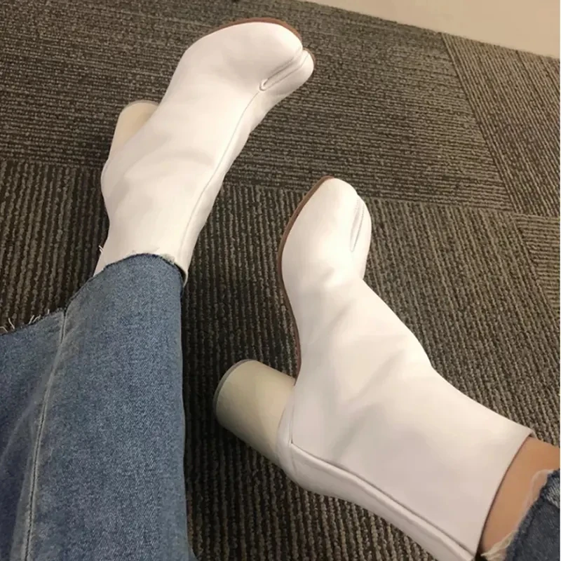 Women Strange Style Split Toe Ankle Boots Leather 8cm Block Heels Square Toe New Design Ladies Glitter Short Booties