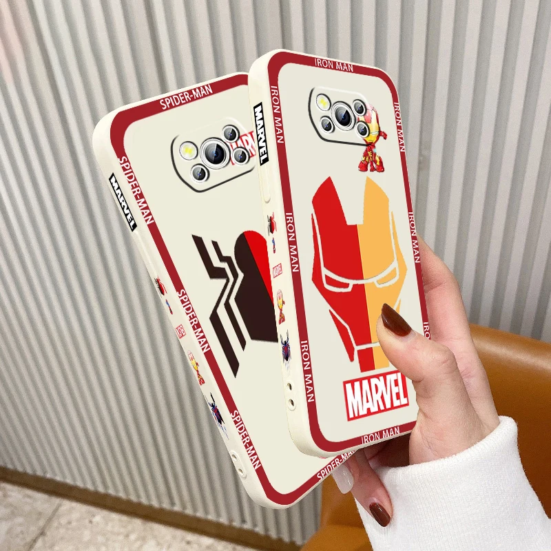 

Marvel SpiderMan Iron Man Phone Case For Xiaomi Mi Poco M5s M5 X5 X4 X3 M4 M3 F4 F3 GT C55 C50 Pro NFC 5G Liquid Left Rope