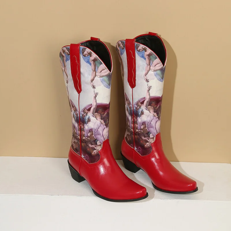 2023 New European-style Printed Oil Painting Retro Knight Boots Pointed Toe Heel Thigh-high Boots Western Cowboy Boots A-0017