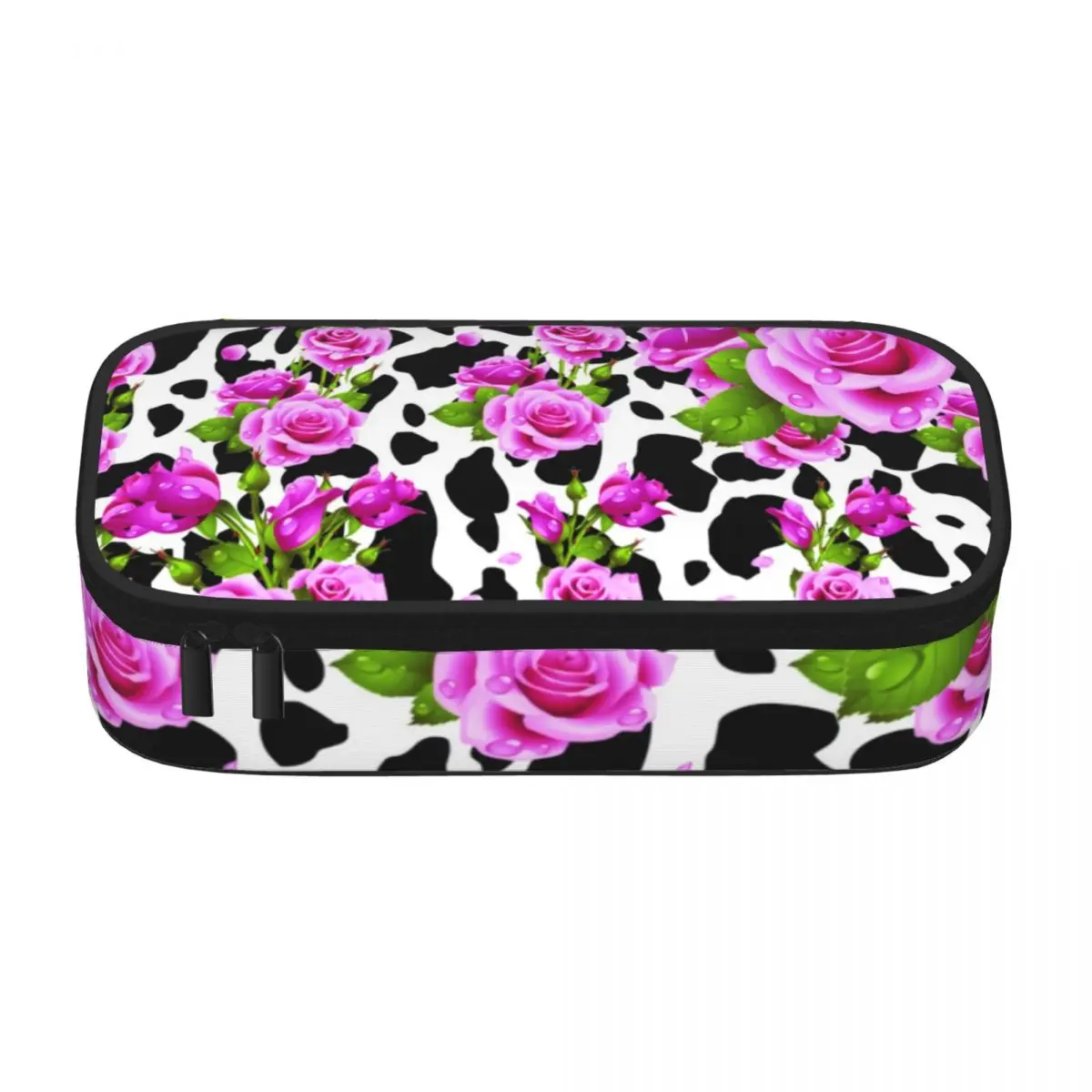 Cow Print And Roses Placed Pencil Case Cow Spots Flower Girls Boys University Zipper Pencil Box Large Fashion Pen Bags