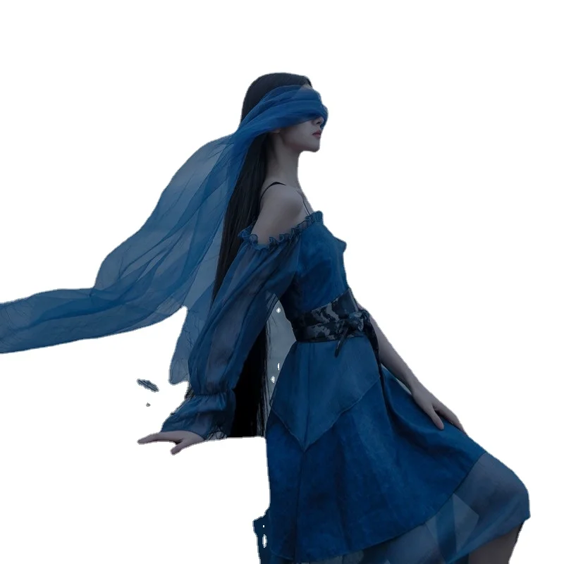 

Blowing Yarn, Splashing Blue, Irregular Splicing, Elegant Super Xiansen Ruffle Chiffon Suspender Dress