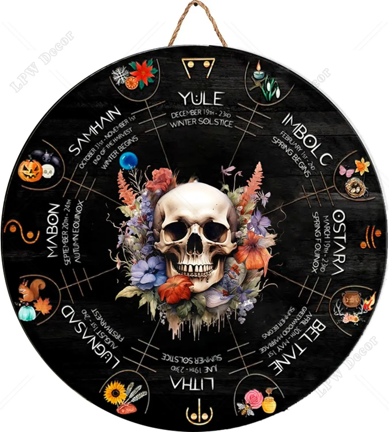 Колесо год череп черный деревянный знак саббит языческая ведьма винтажный