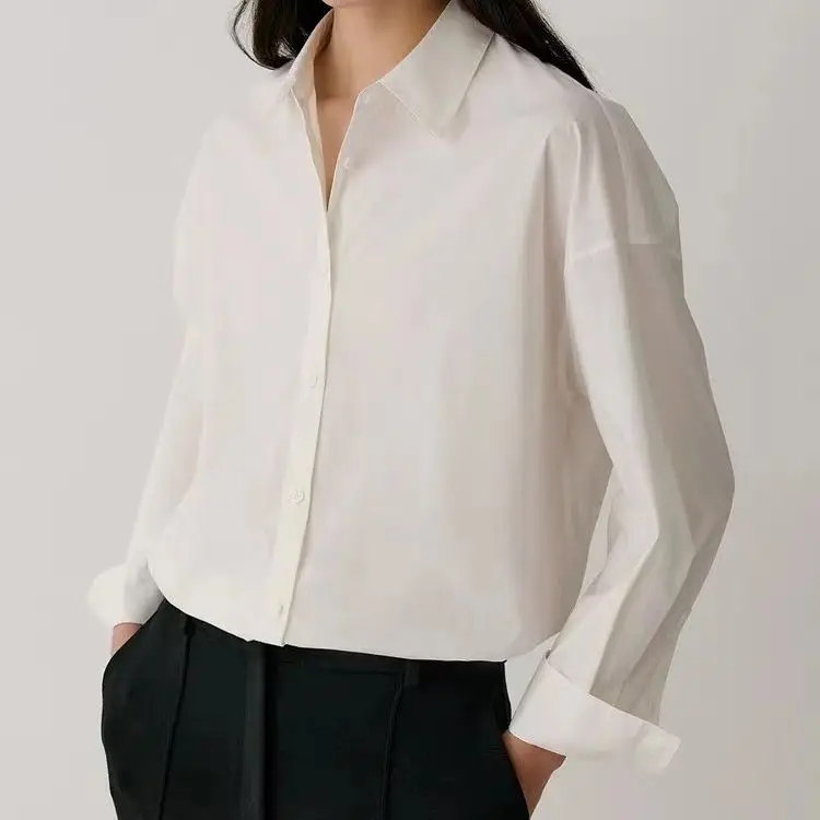 

2023 AW Women's High-quality French Niche Fashionable Solid Color Shirt Drop Shoulder Loose Top Lapel Bottoming Shirt