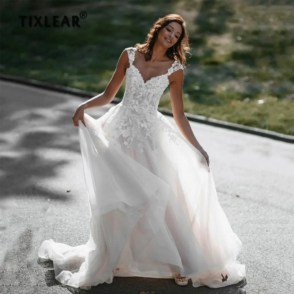 

TIXLEAR Sexy V-Neck A-Line Wedding Dress Sleeveless Lace Appliques Wide Backless Summer Bridal Gowns 2022 Vestido De Novia