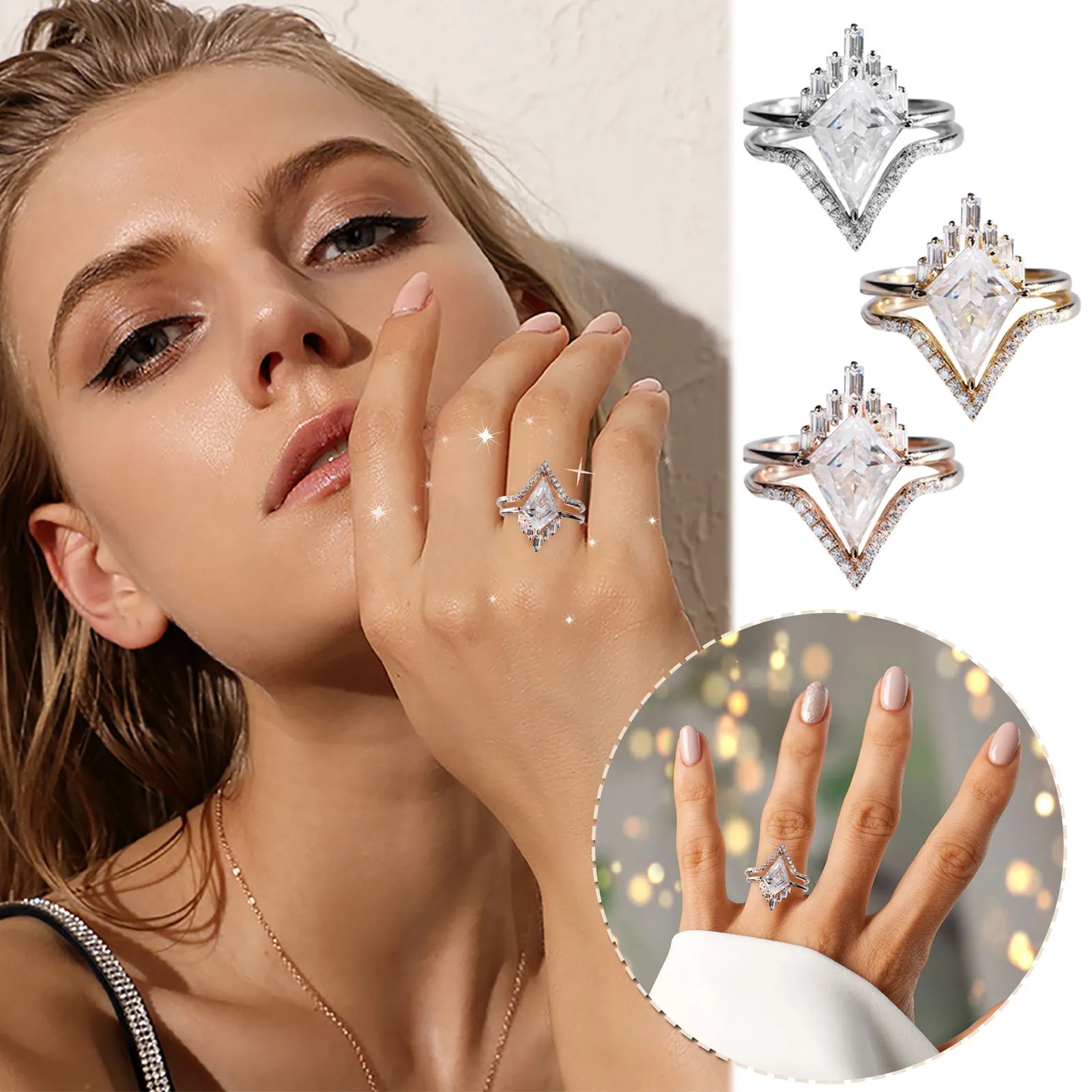 

1 Set 2PC V Shape Rhinestone Diamond Rings Women Fashion Full Diamond Zircon Ring Ladies Jewelry Diamond Rings Rings Masculine