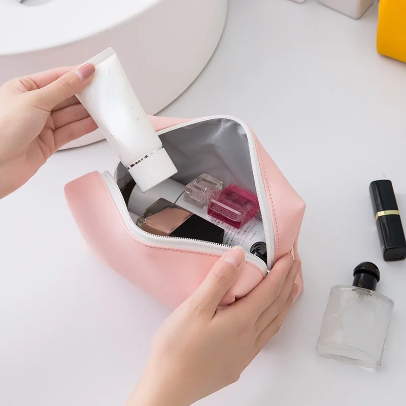 

Candy Color PU Leather Cosmetic Bags Travel Protable Waterproof Makeup Bags Organizer Wash Toiletry Storage Bag Top-handle Pouch