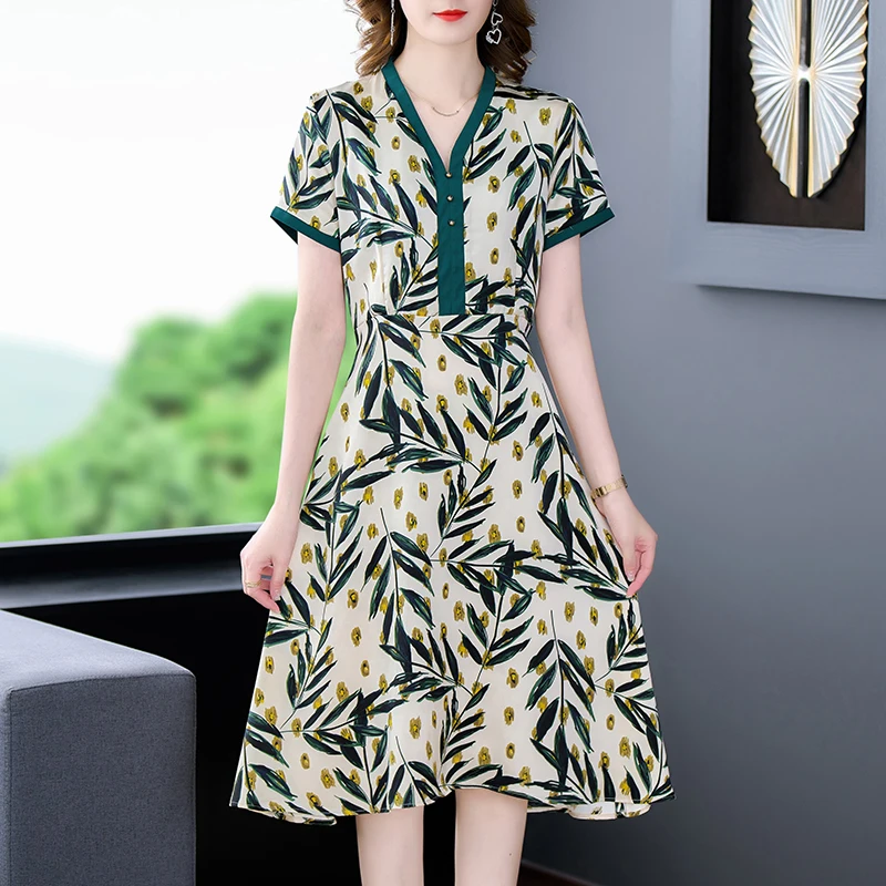 

Female New Print Chiffon Short Sleeve V-Neck Midi Dress Summer Boho Fashion Casual Dress 2022 Korean Elegant Bodycon Prom Dress