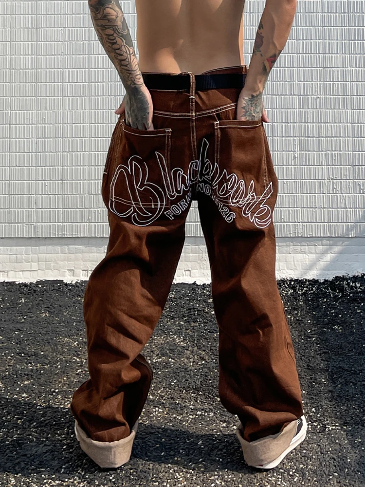 Latest Design Star Embroidery Straight Loose Fit Boyfriend Pants Pantalone Hombre Fashion Brown Mid Rise Baggy Jeans For Men