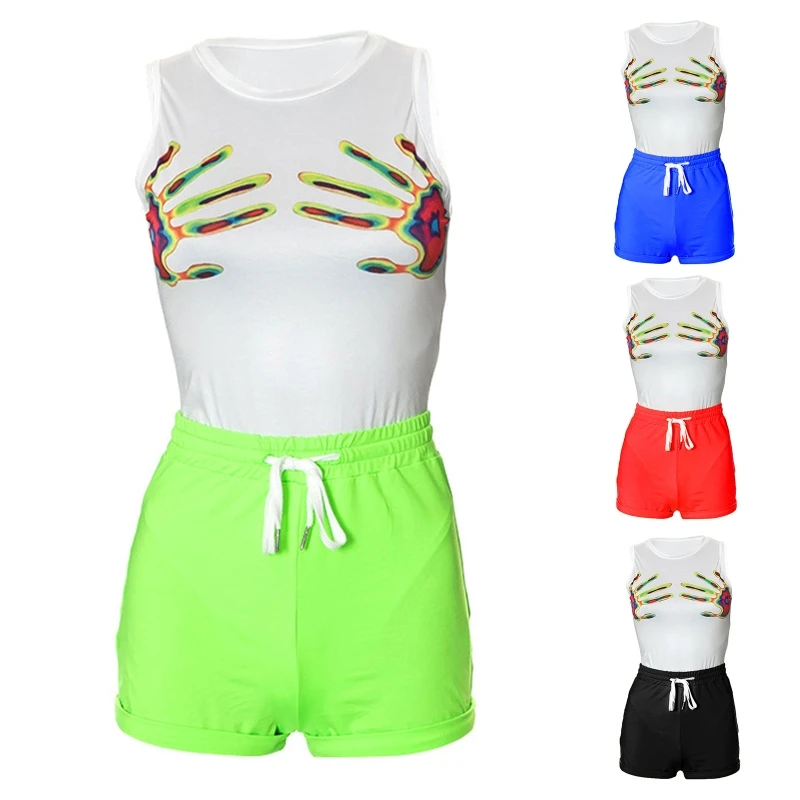 

Women's Tie Dye Palm Print Tank Tops High Waist Drawstring Shorts Two Pieces Matching Suits for Summer Daily Streetwear