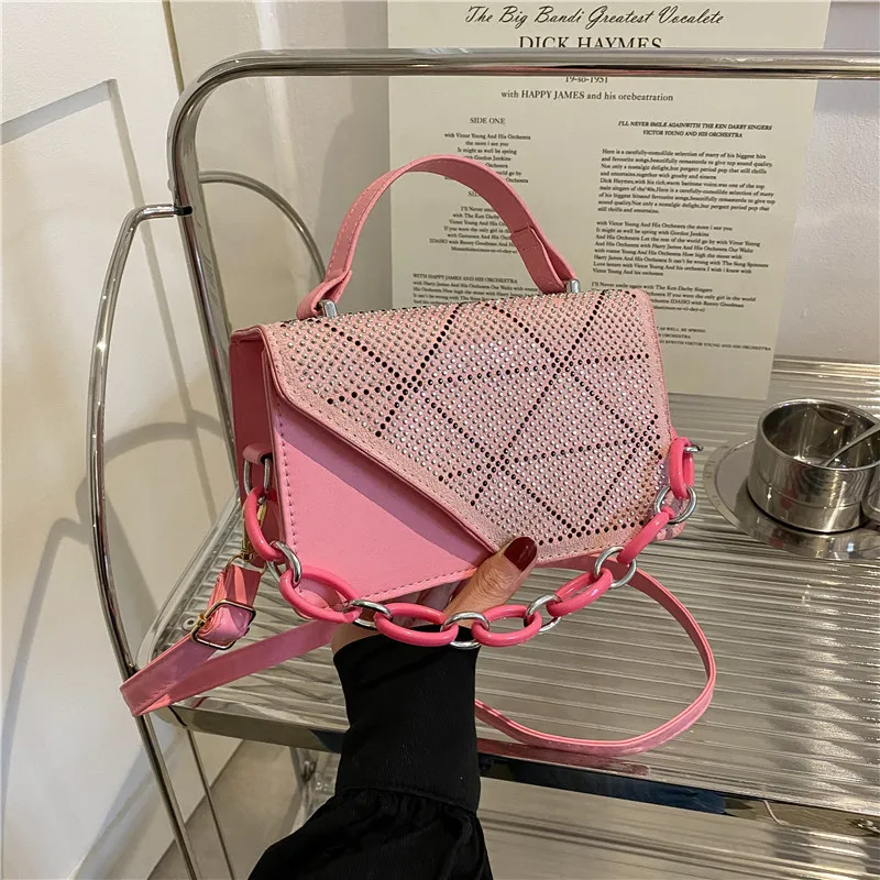 

Chain Retro Female Bag 2022 New Fashionable Bright Diamond Single Shoulder Cross-body Bag Personality Portable Small Square Bag