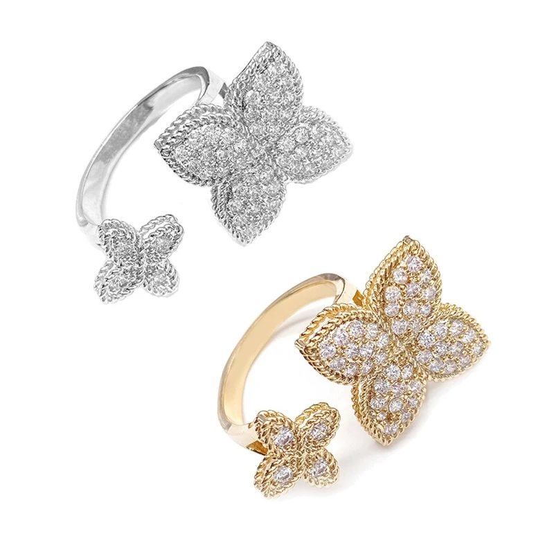 

Four Leaf Clover Open Adjustable Rings Flower Ring Lucky Rings Double Flowers Ring Valentine's Day Gift for Loved One DropShip