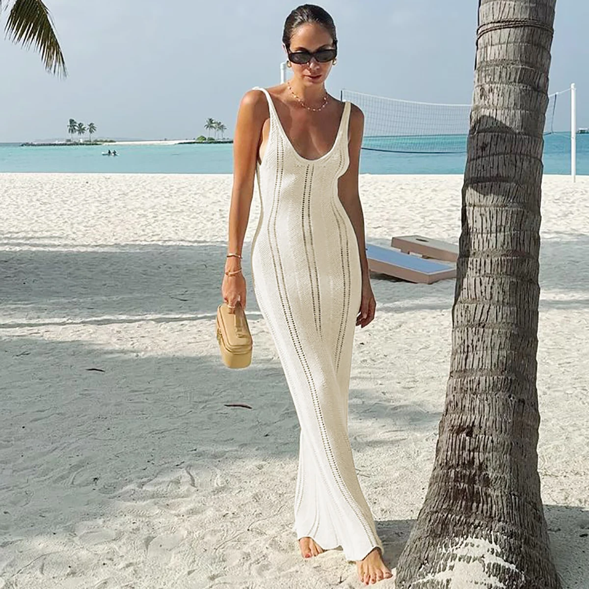 Женское вязаное пляжное платье-макси с открытой спиной и V-образным вырезом