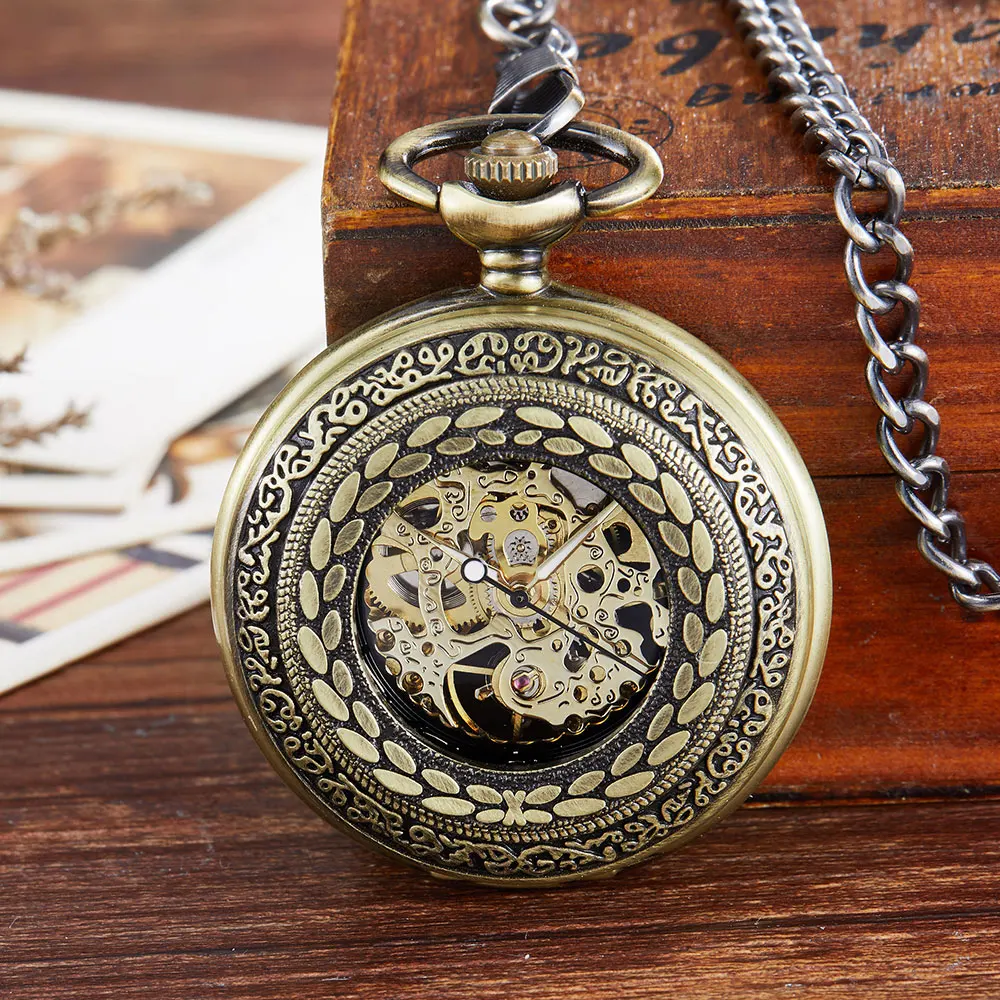 Hollow Mechanical Pocket Watch Harvest Symbol Steampunk Skeleton Hand-winding Fob Watches With Chain For Men Women Pendant Retro