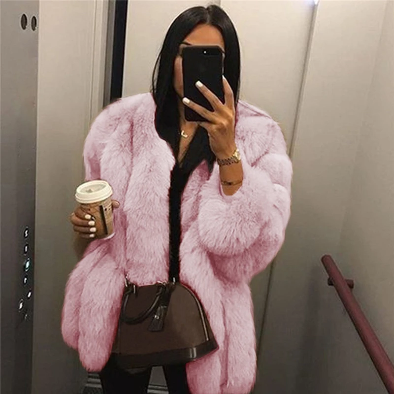 2022 New Casual Fashion Faux Fur Solid Color Round Neck Faux Fur Long Sleeve Plush Temperament Ladies Jacket