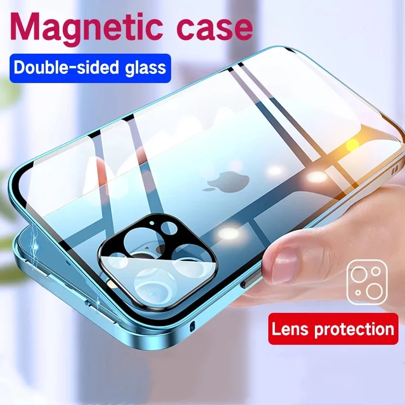 

Магнитный чехол с полным покрытием 360 ° для iPhone 13, 12, Mini, 11 Pro, XS, Max, XR, двухстороннее стекло, Защитная крышка для объектива камеры