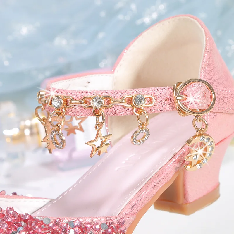 Сандалии для девочек блестящие туфли принцессы с бантом на высоком каблуке