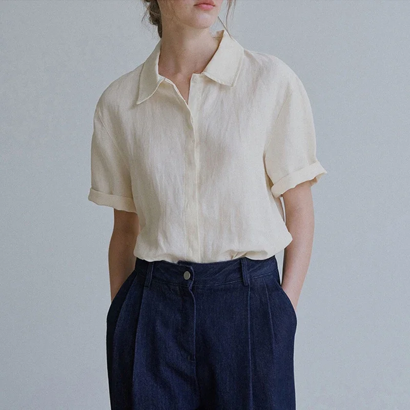 Повседневная рубашка из 100% льна женские топы простой стиль свободный отложной