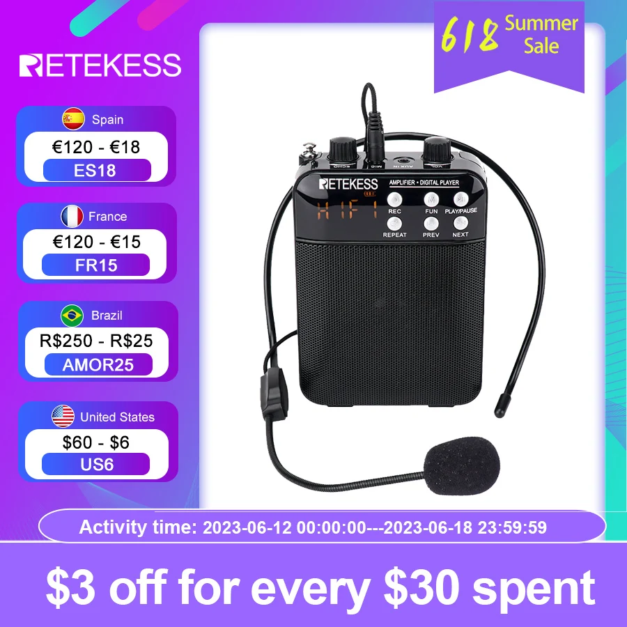 Retekess TR619 Megaphone Portable 3W FM Recording Voice Amplifier Teacher Microphone Speaker Mp3 Player FM Radio for Tour Guide