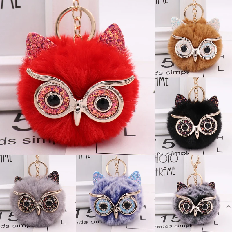 

Cute Fluffy Rabbit Fur Owl Pompom Ball Animal Glasses Keychain Keyring Car Key Ring Charm Women Bag Pendant Decorative Gifts