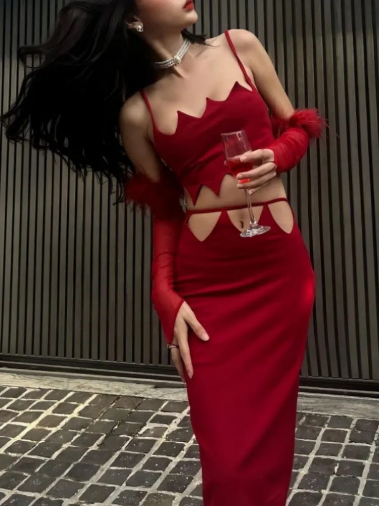 

Bodycon Two Piece Skirt Set For Women Elegant Outfits Faux Sleeves Corest Tops Y2k Dress Conjuntos De Falda Vestidos Hollow Out