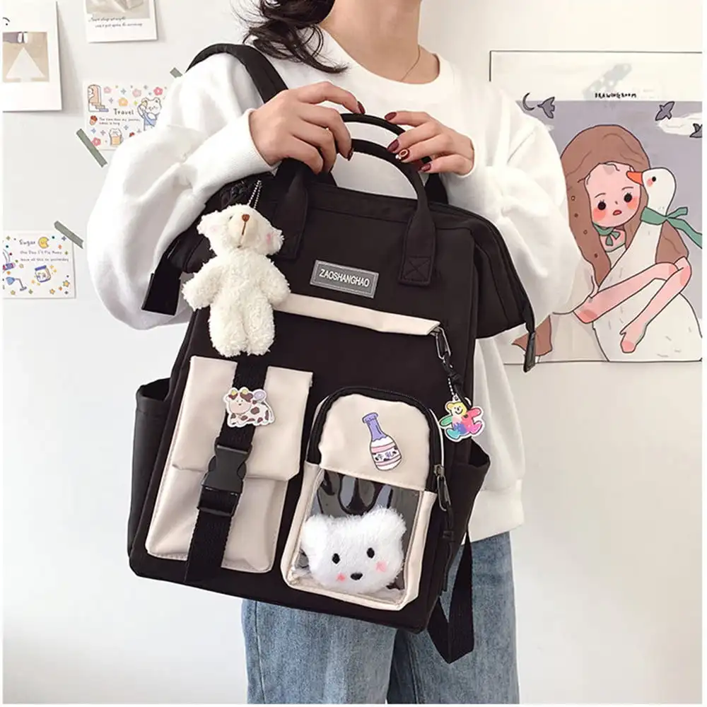 Middle School Girls Backpack School Bags For Teenage Girls Large Capacity Backpack with Cute Accessories Multi-Pockets Hanging B