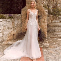 elegant v neck lace applique wedding dress for women sleeveless tulle bridal gown 2022 a line backless womens robe de mariee