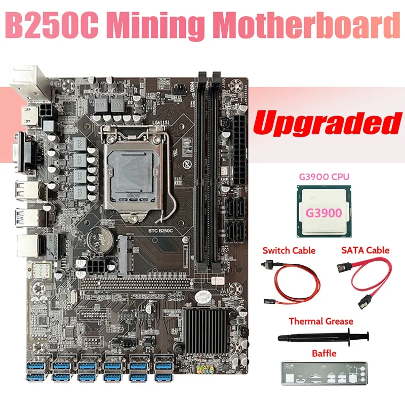

B250C ETH Miner Motherboard+G3900 CPU+Baffle+SATA Cable+Switch Cable+Thermal Grease 12USB3.0 GPU Slot LGA1151 For BTC