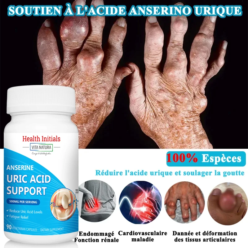 

Health Initials Gout Supplement - Anserine (Fish Extract) for Uric Acid Control - Fast Relief from Gout Pain - 90 Veggie Caps